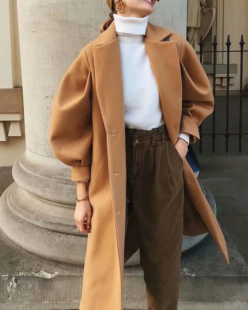 Bubbles Puff Sleeve Single-breasted Lapel Lace-up Coat