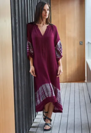 Burgundy   Grey Tie Dye Hem Gauze Dress with Pockets - Sale