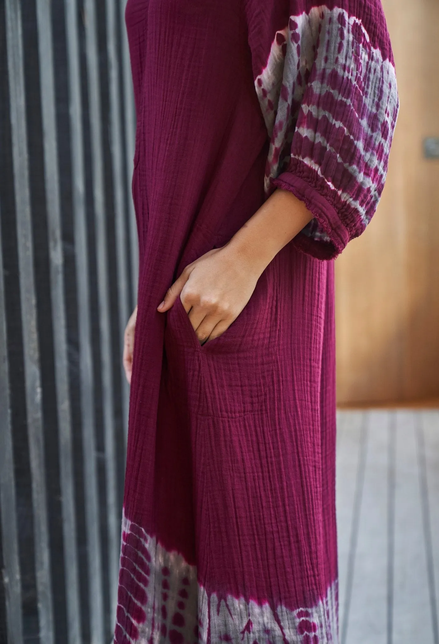 Burgundy   Grey Tie Dye Hem Gauze Dress with Pockets - Sale