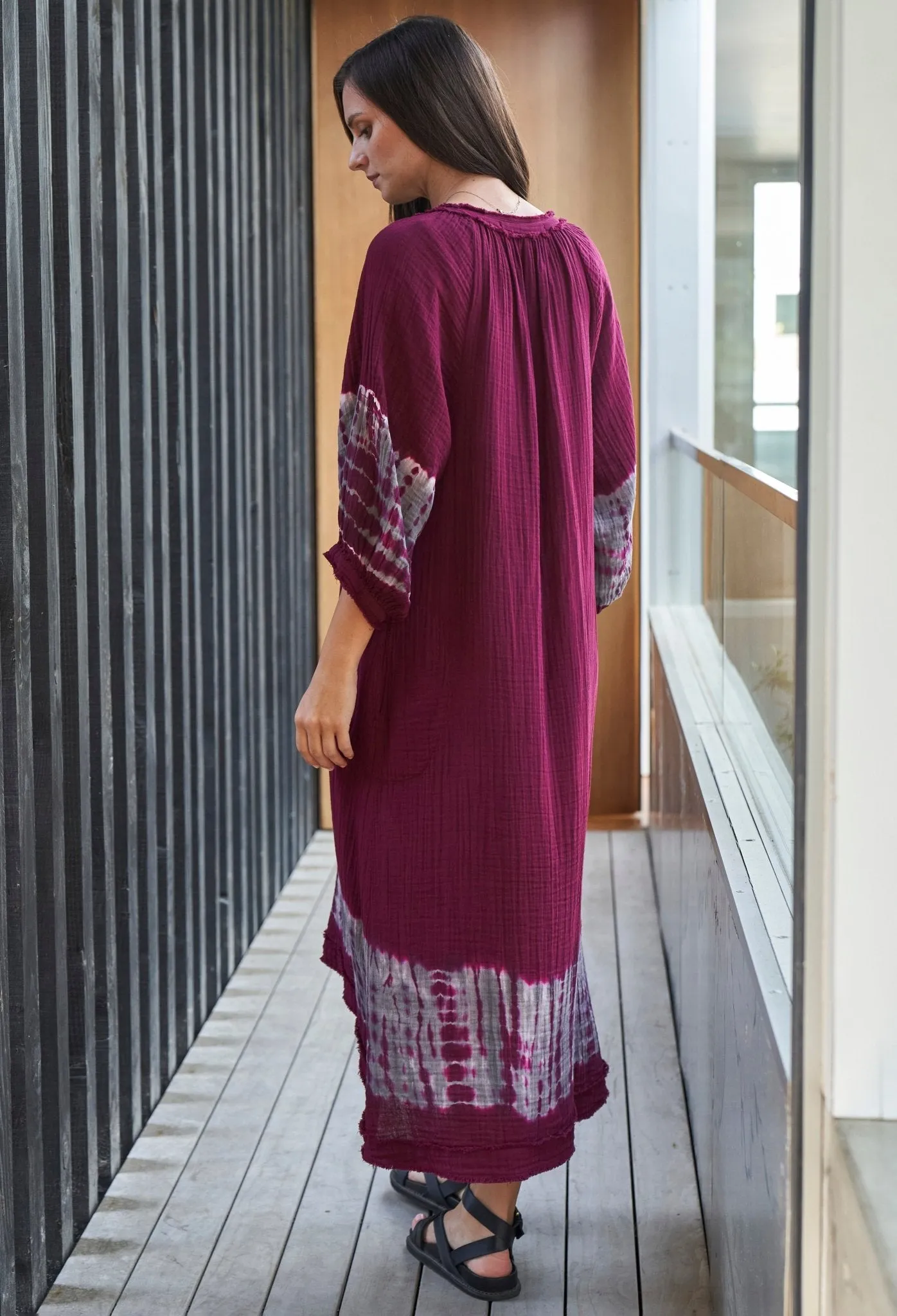 Burgundy   Grey Tie Dye Hem Gauze Dress with Pockets - Sale
