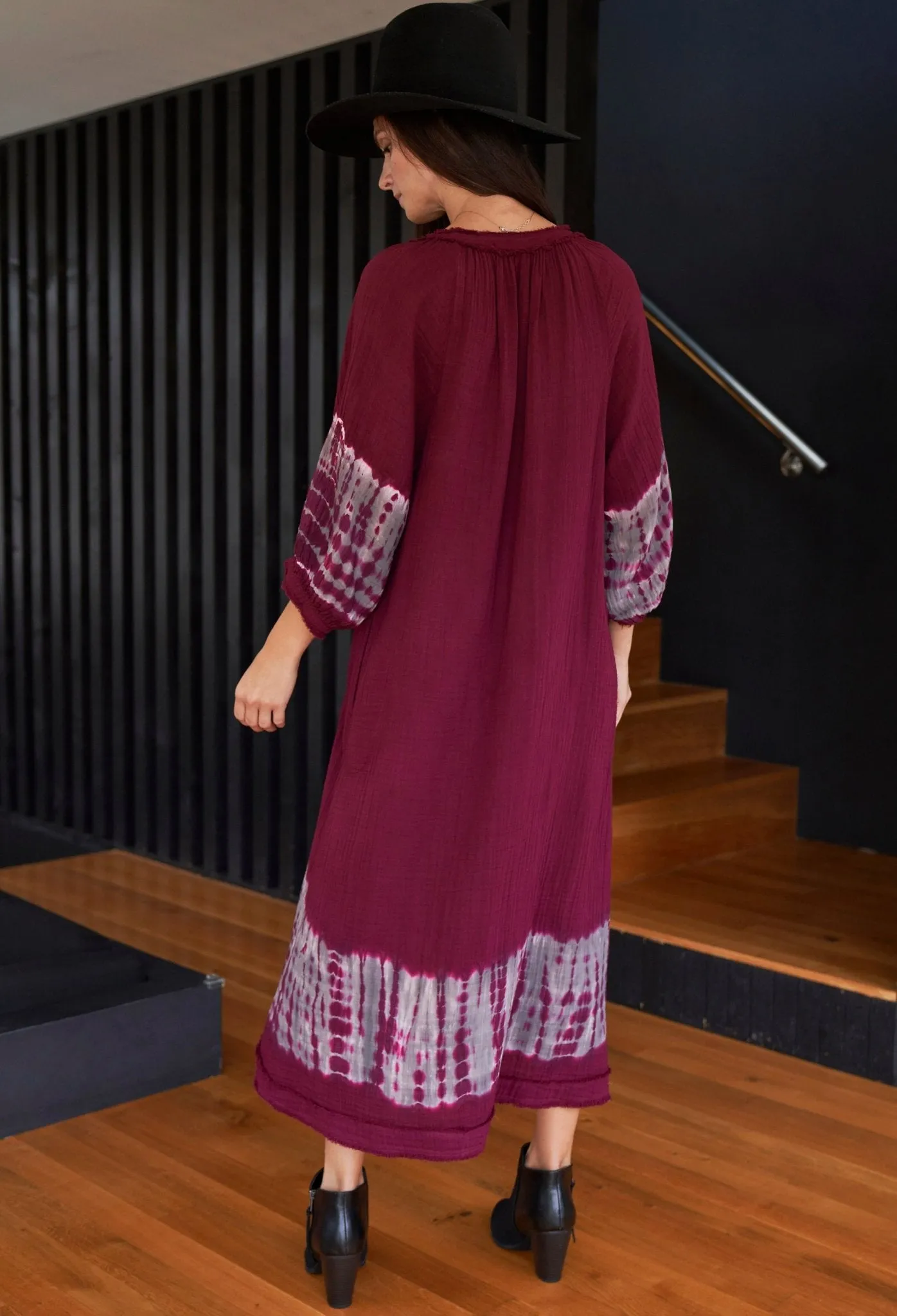 Burgundy   Grey Tie Dye Hem Gauze Dress with Pockets - Sale