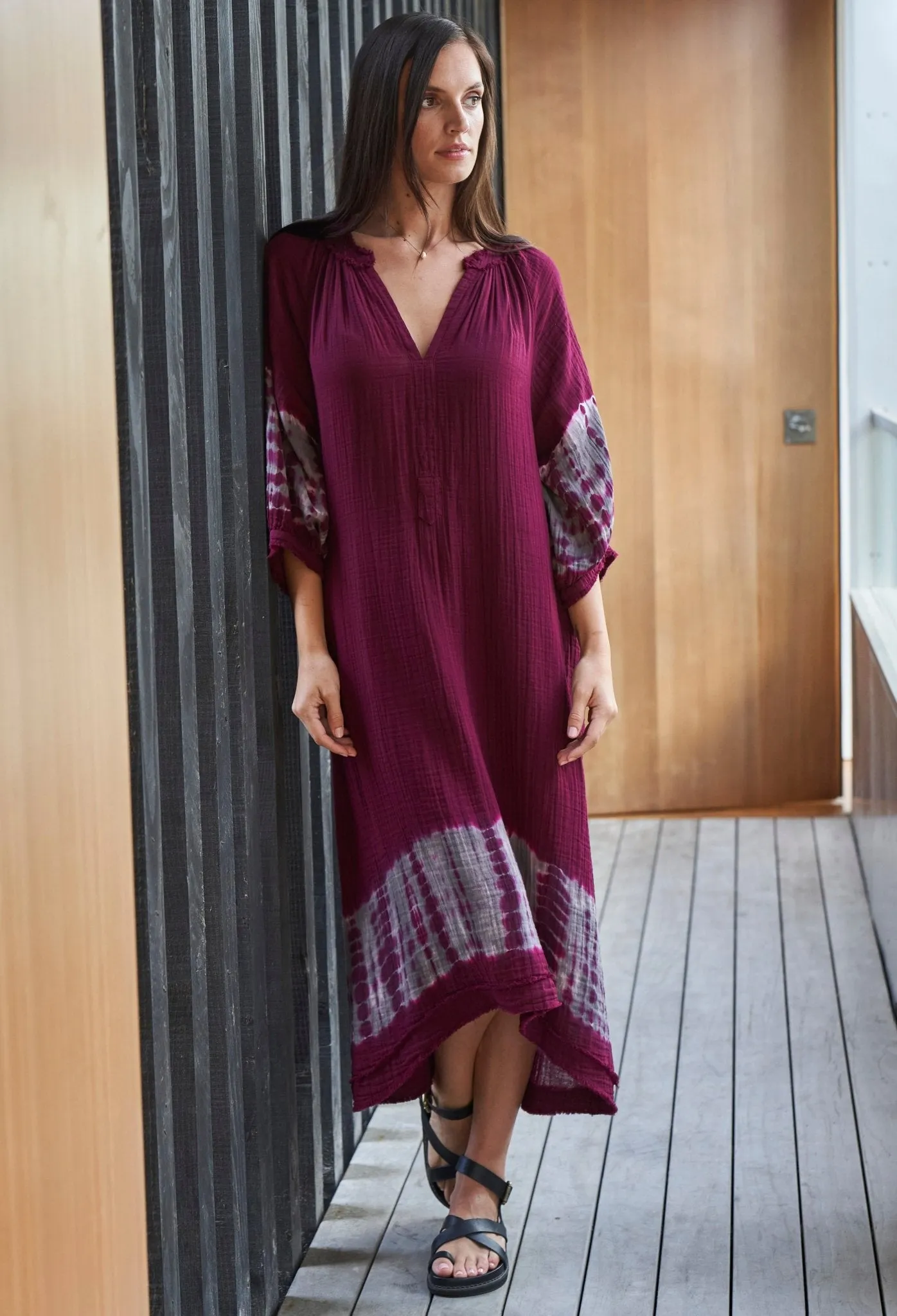 Burgundy   Grey Tie Dye Hem Gauze Dress with Pockets - Sale
