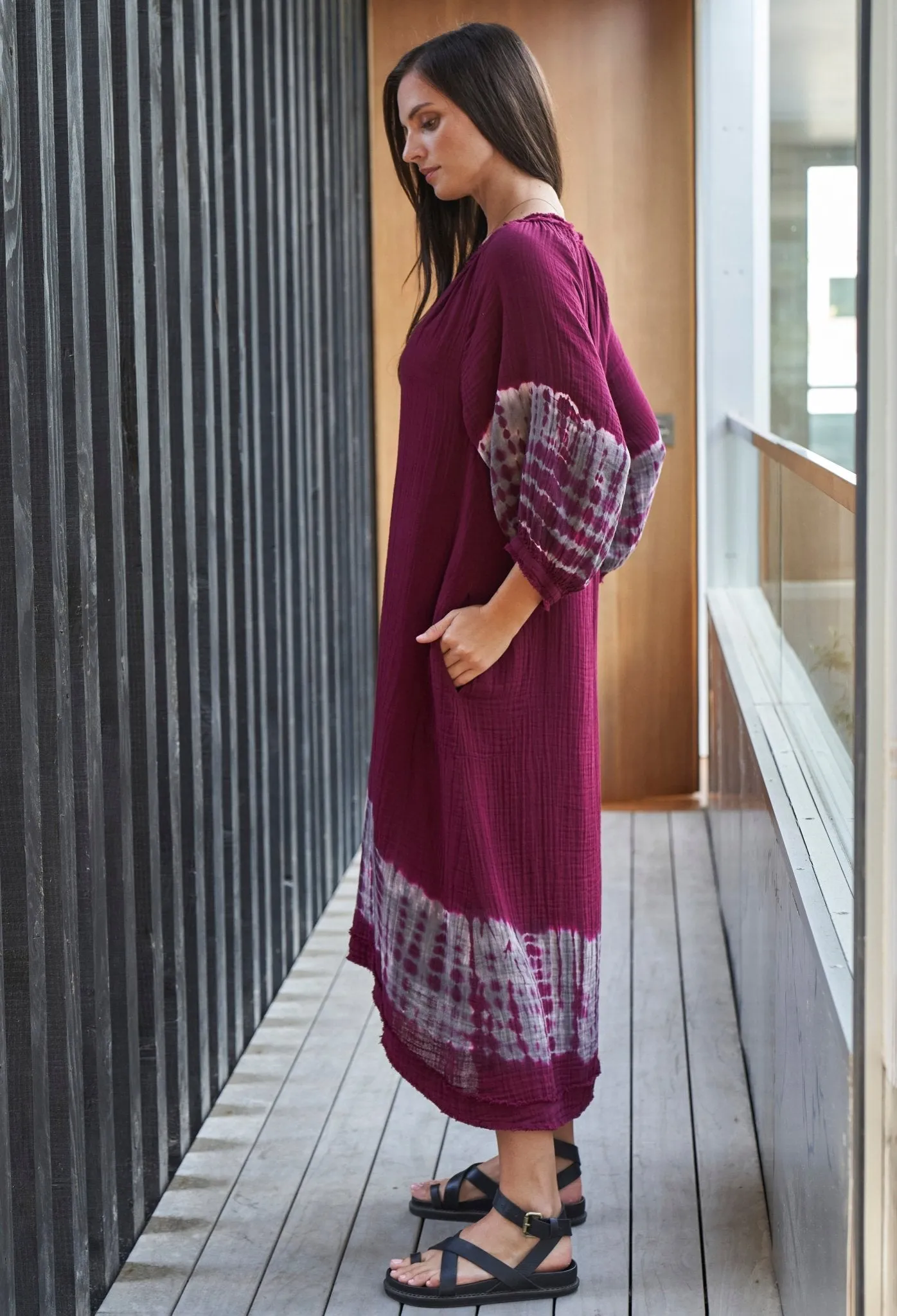 Burgundy   Grey Tie Dye Hem Gauze Dress with Pockets - Sale