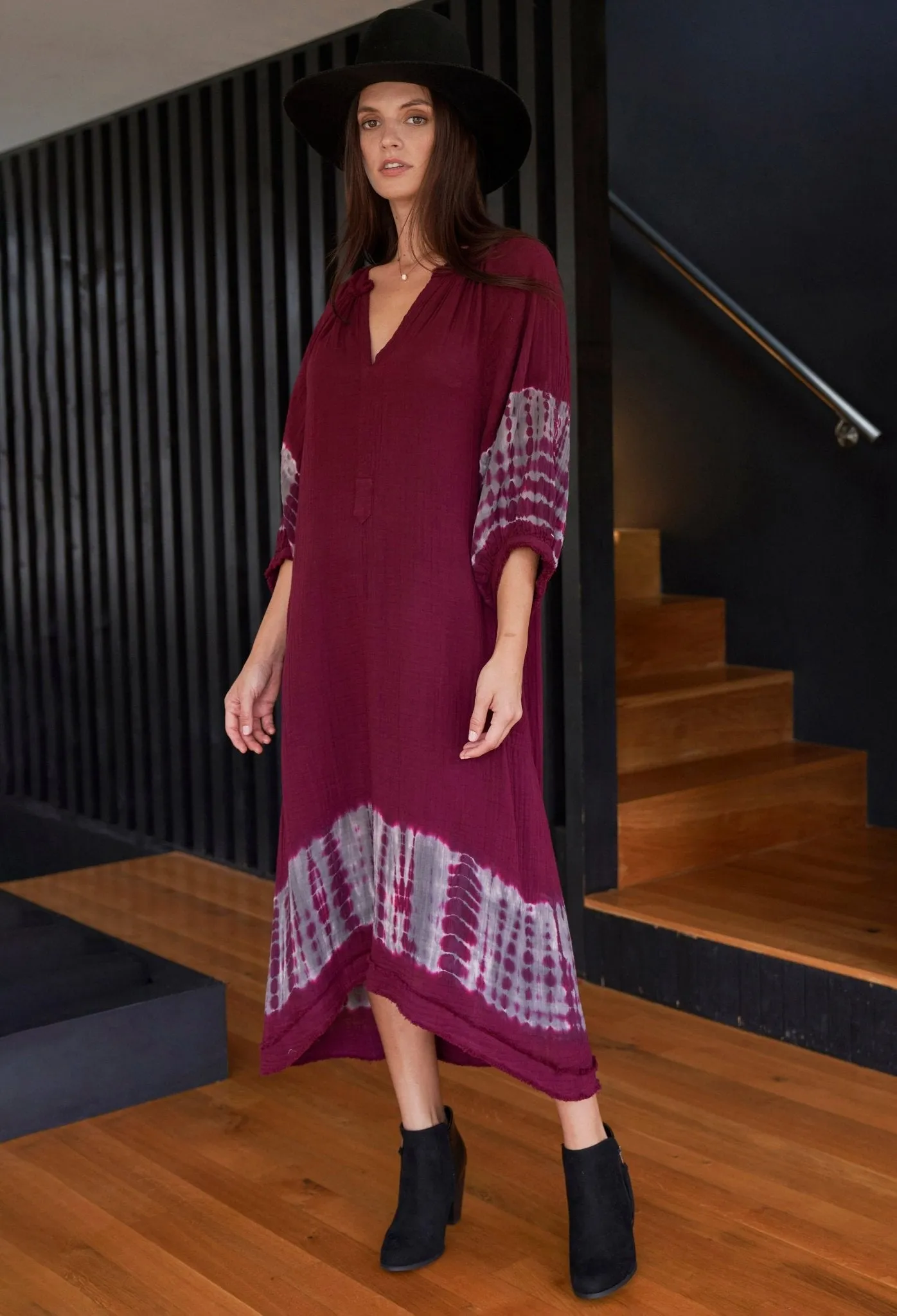 Burgundy   Grey Tie Dye Hem Gauze Dress with Pockets - Sale