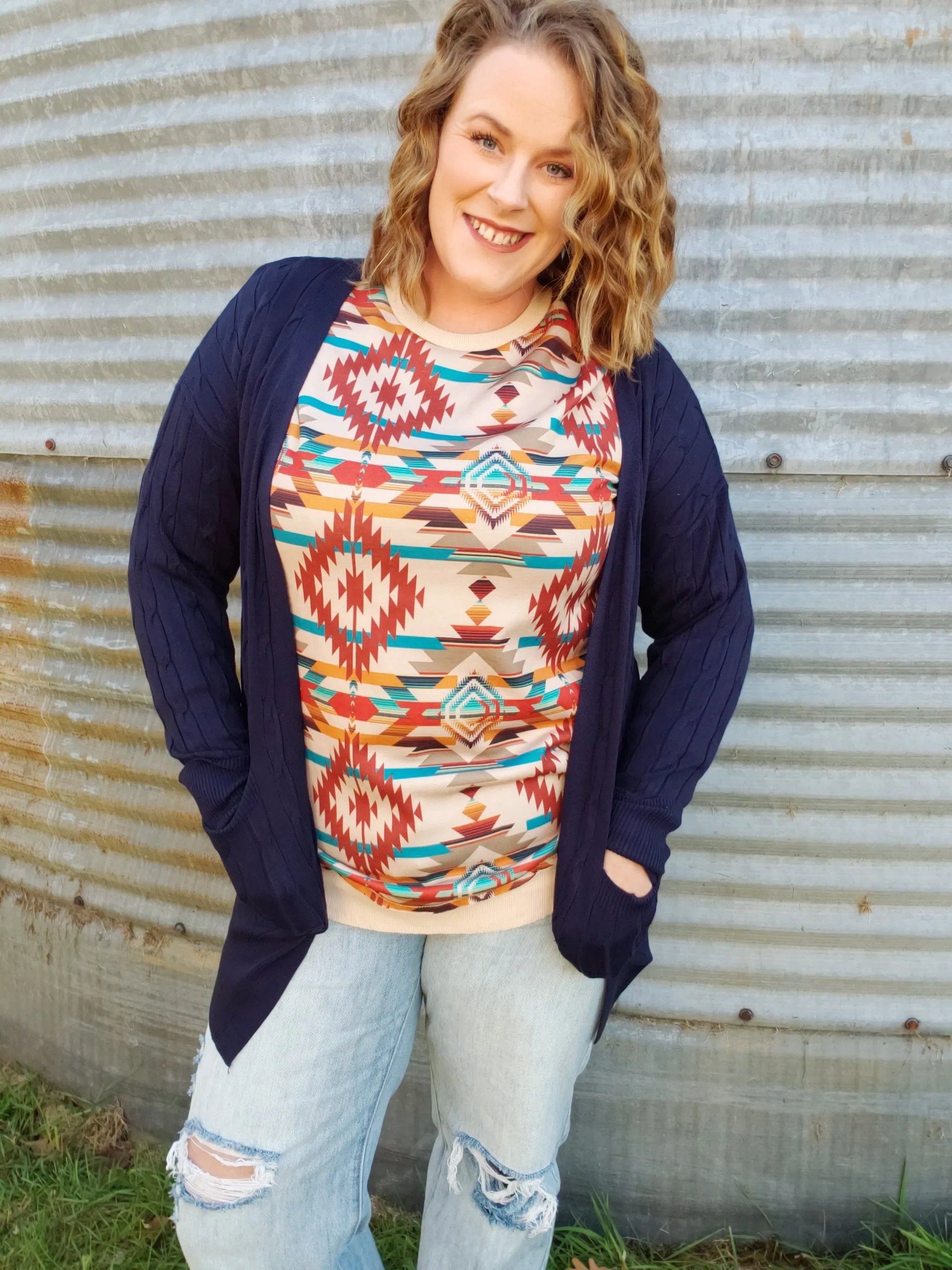 Cable Knit Cardigan with Pockets - Navy