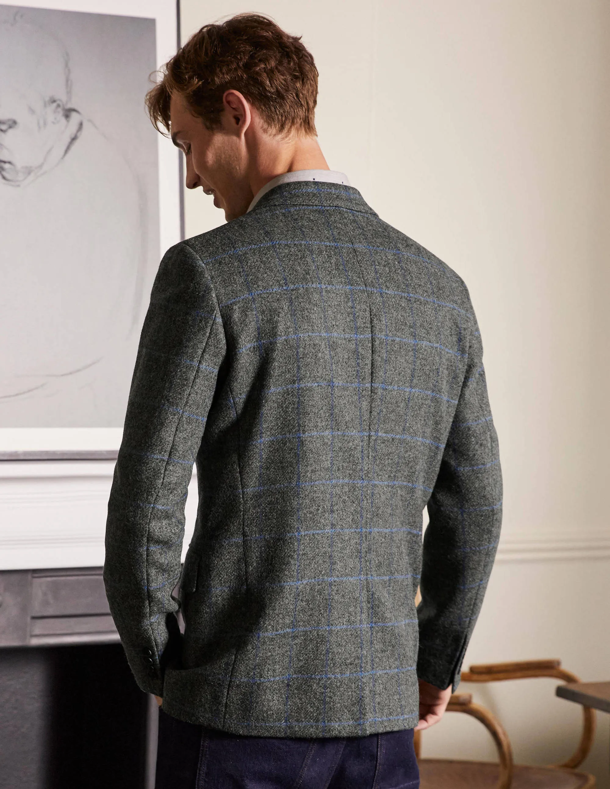 Caldey Blazer aus britischem Tweed-Anthrazit, Grobe Karos