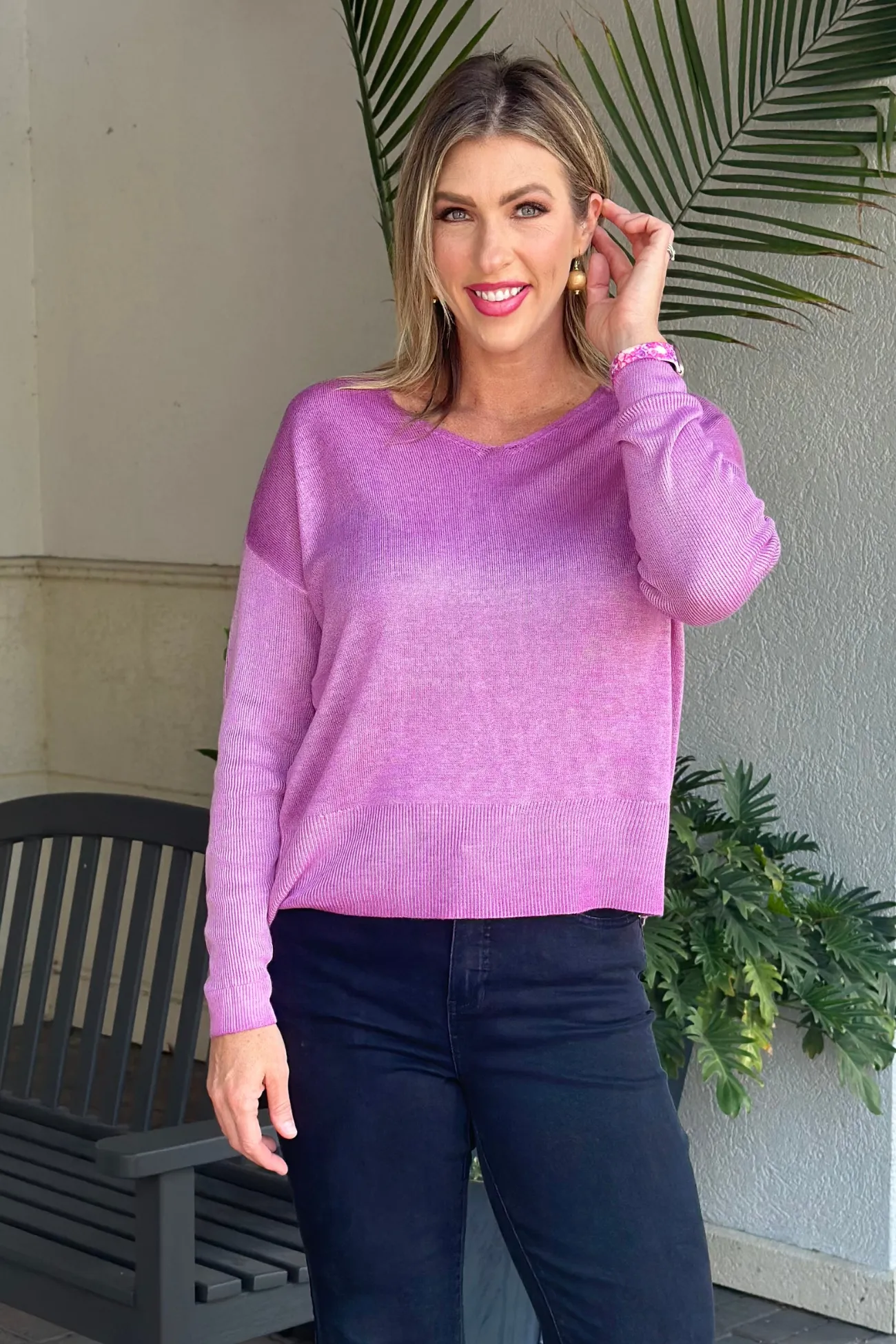 Charlie B Mulberry Snow Wash V-Neck Sweater