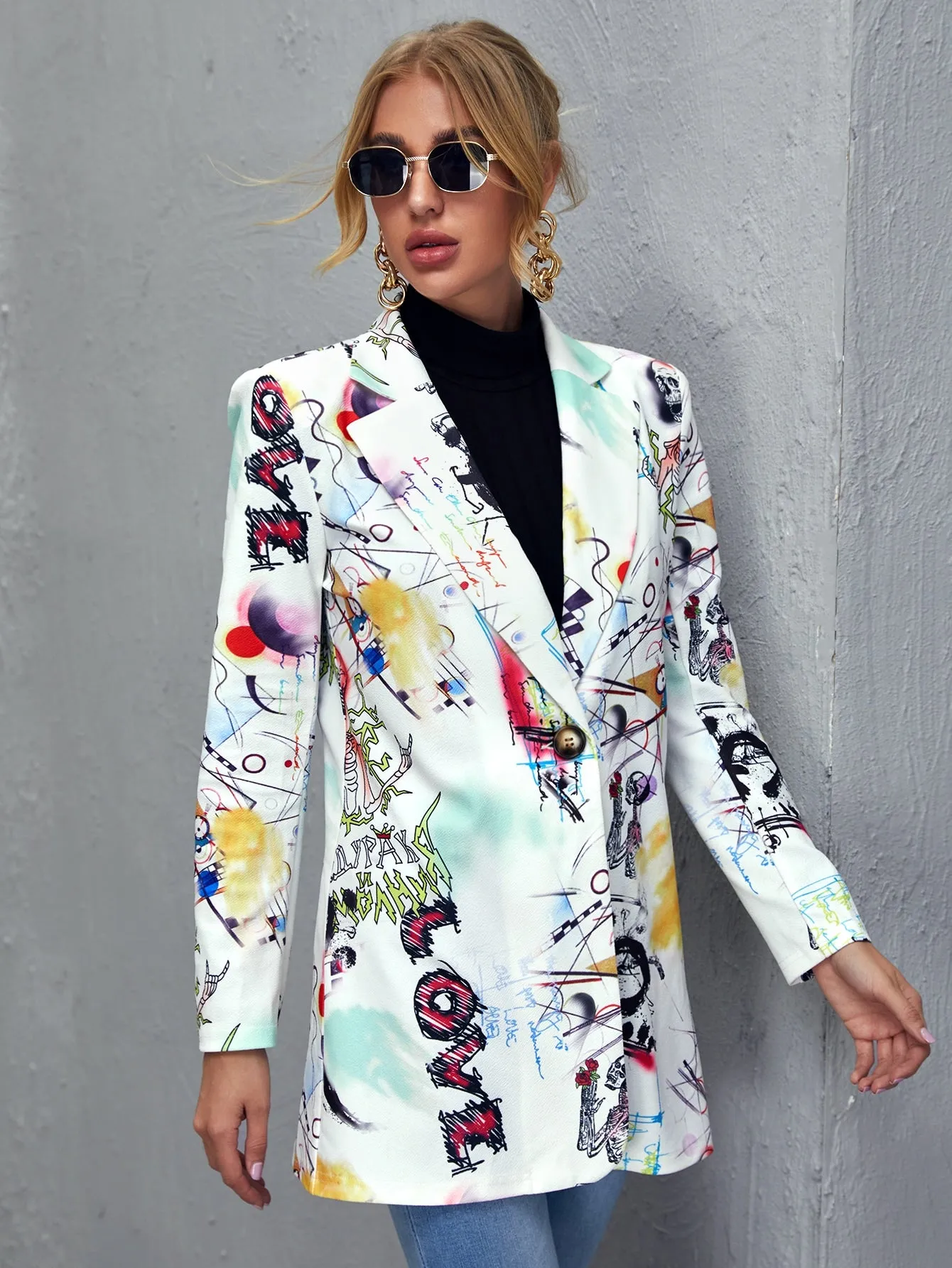 Cherry Vibes Blazer de Arte Pop con Botón de Cuello V