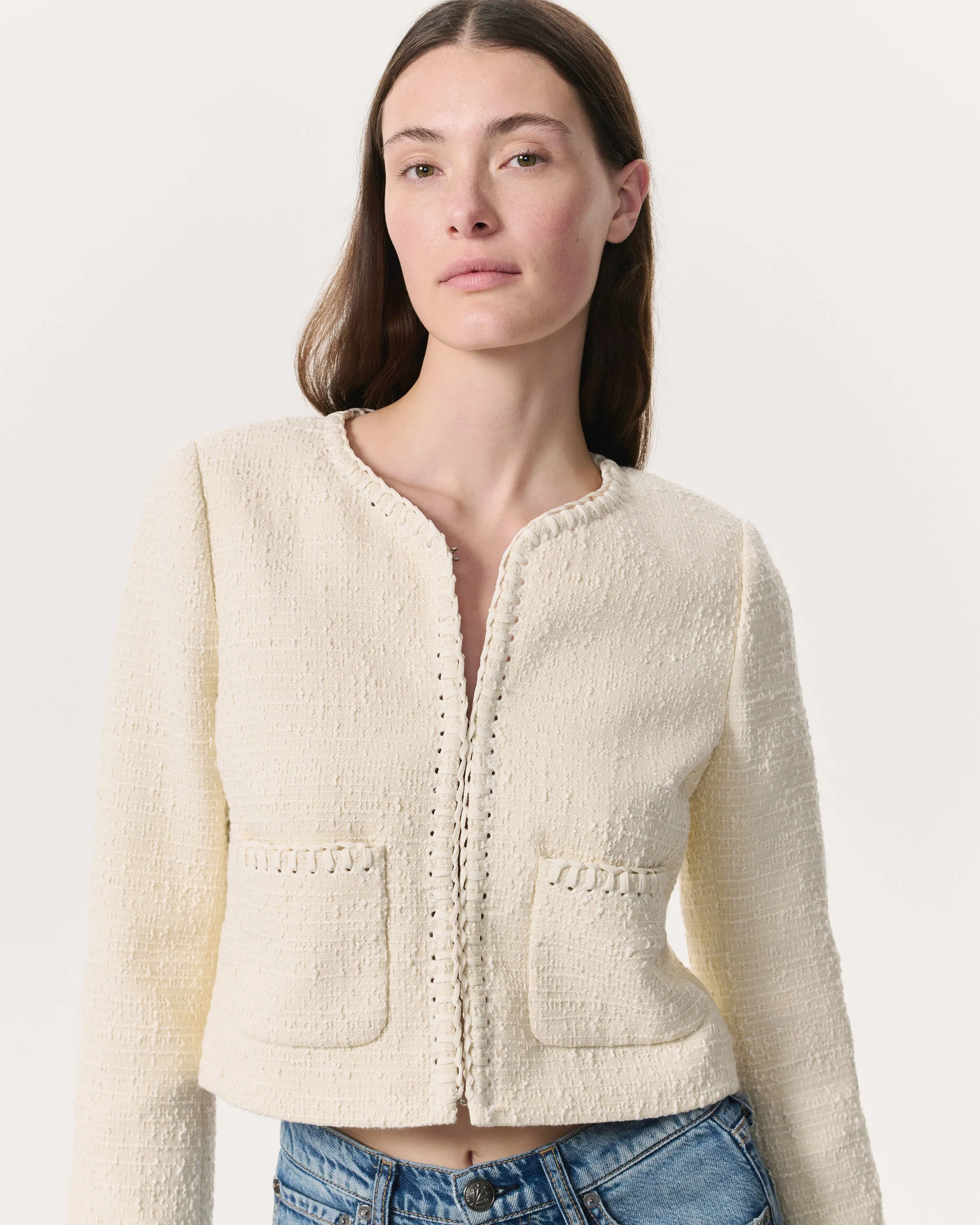 Cheyenne Whipstitch-Trimmed Tweed Lady Jacket