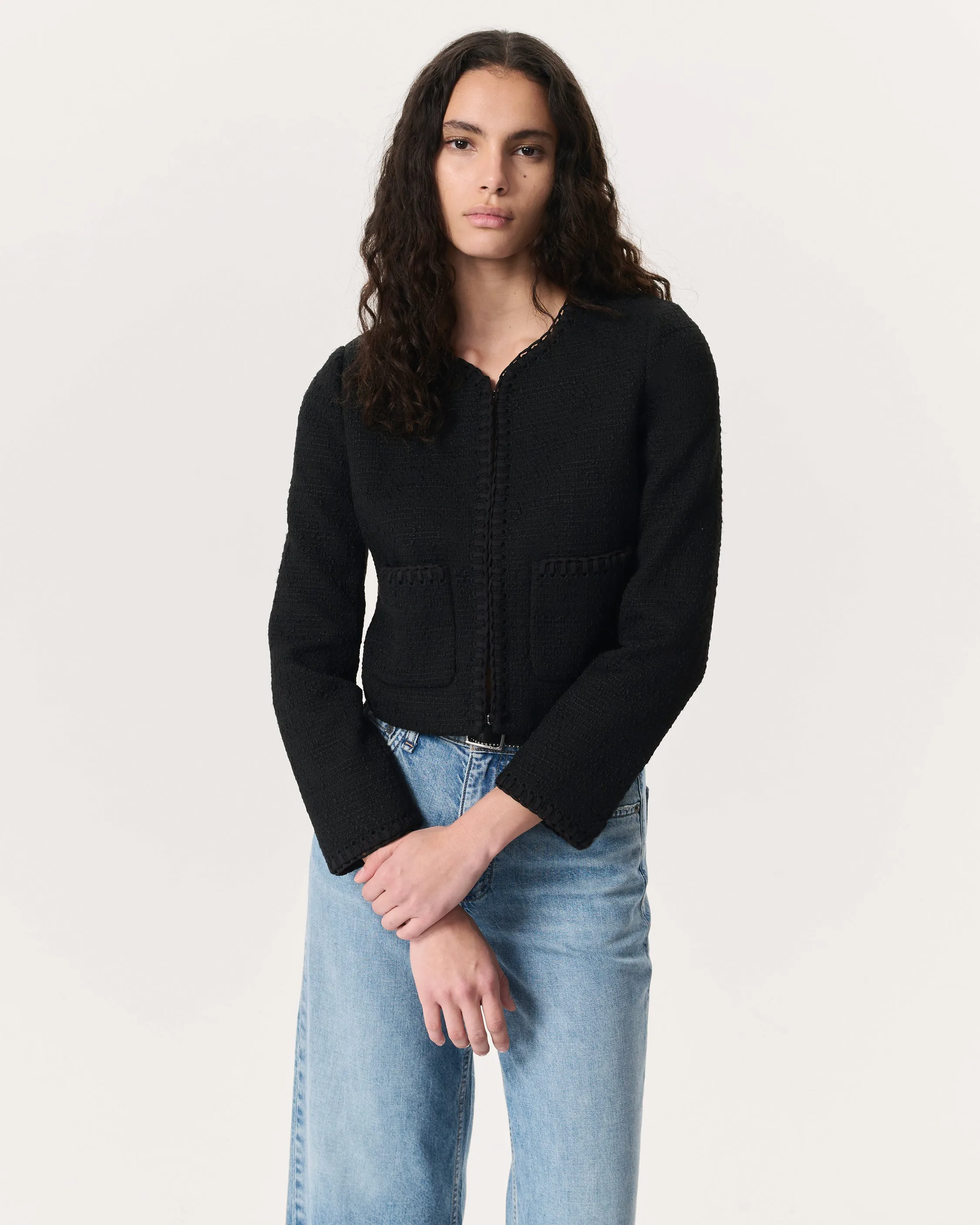 Cheyenne Whipstitch-Trimmed Tweed Lady Jacket