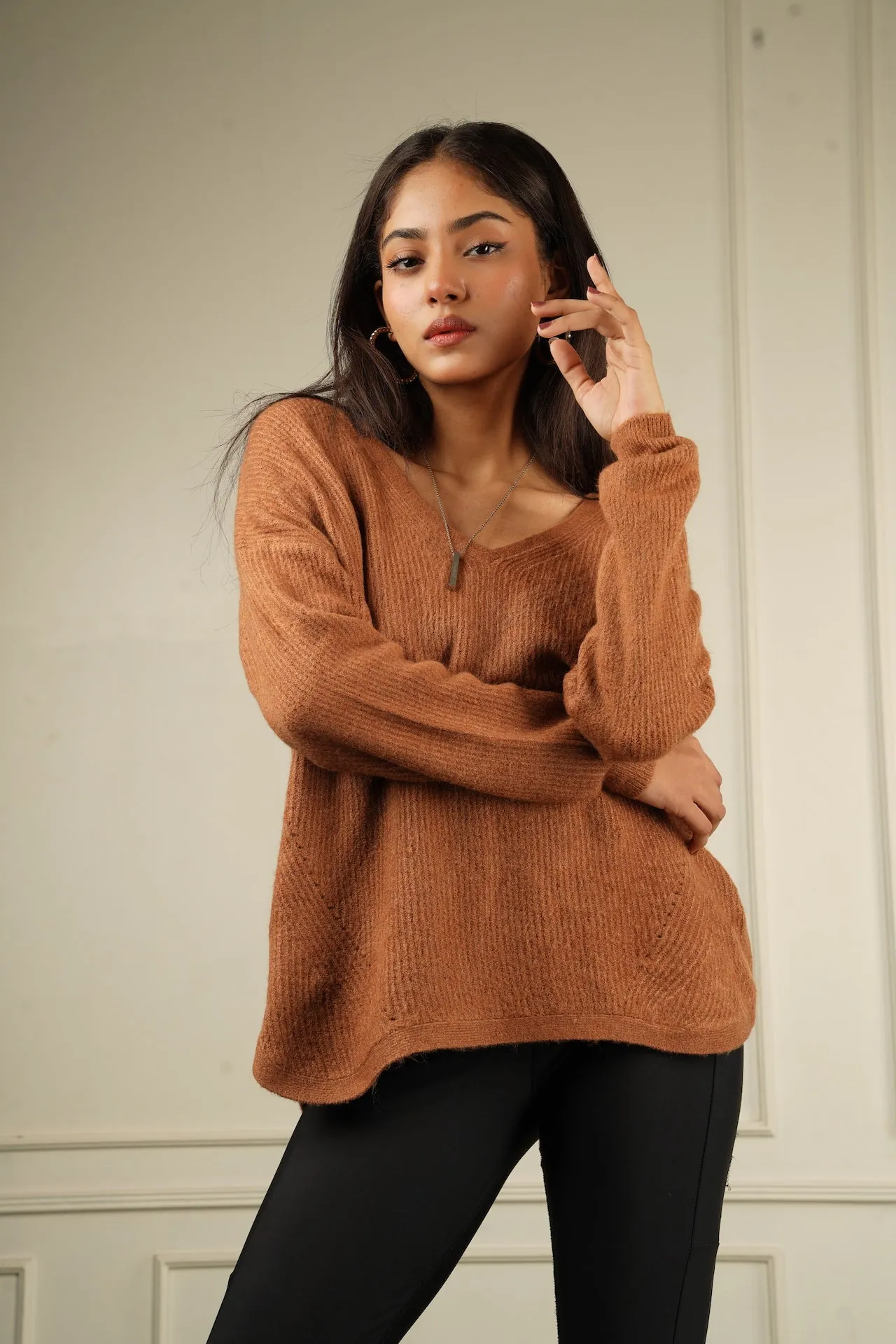 Cinnamon Oversized V-Neck Sweater