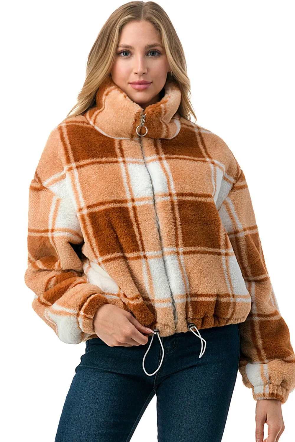 Cognac Checker Fluffy Faux Fur Crop Jacket 12/3/24 9376