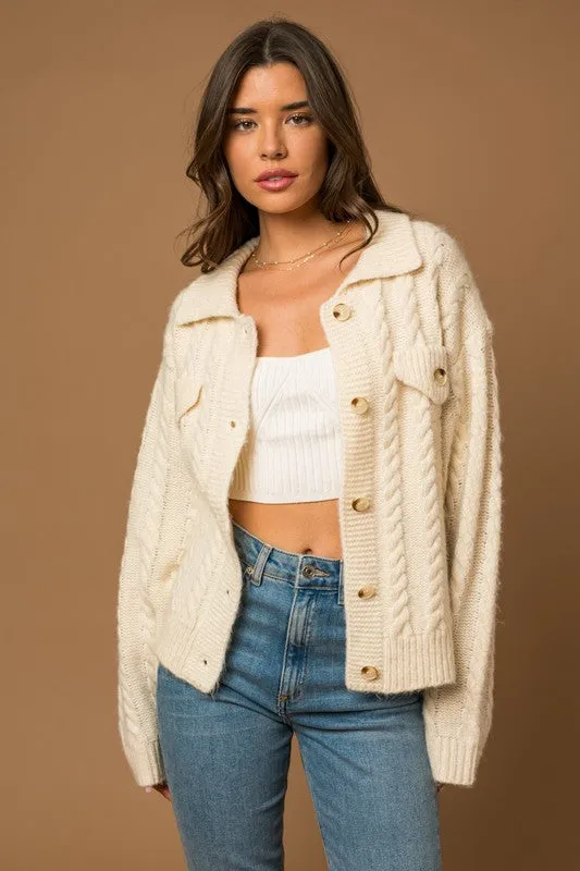Collared Cable Sweater Cardigan, Gilli