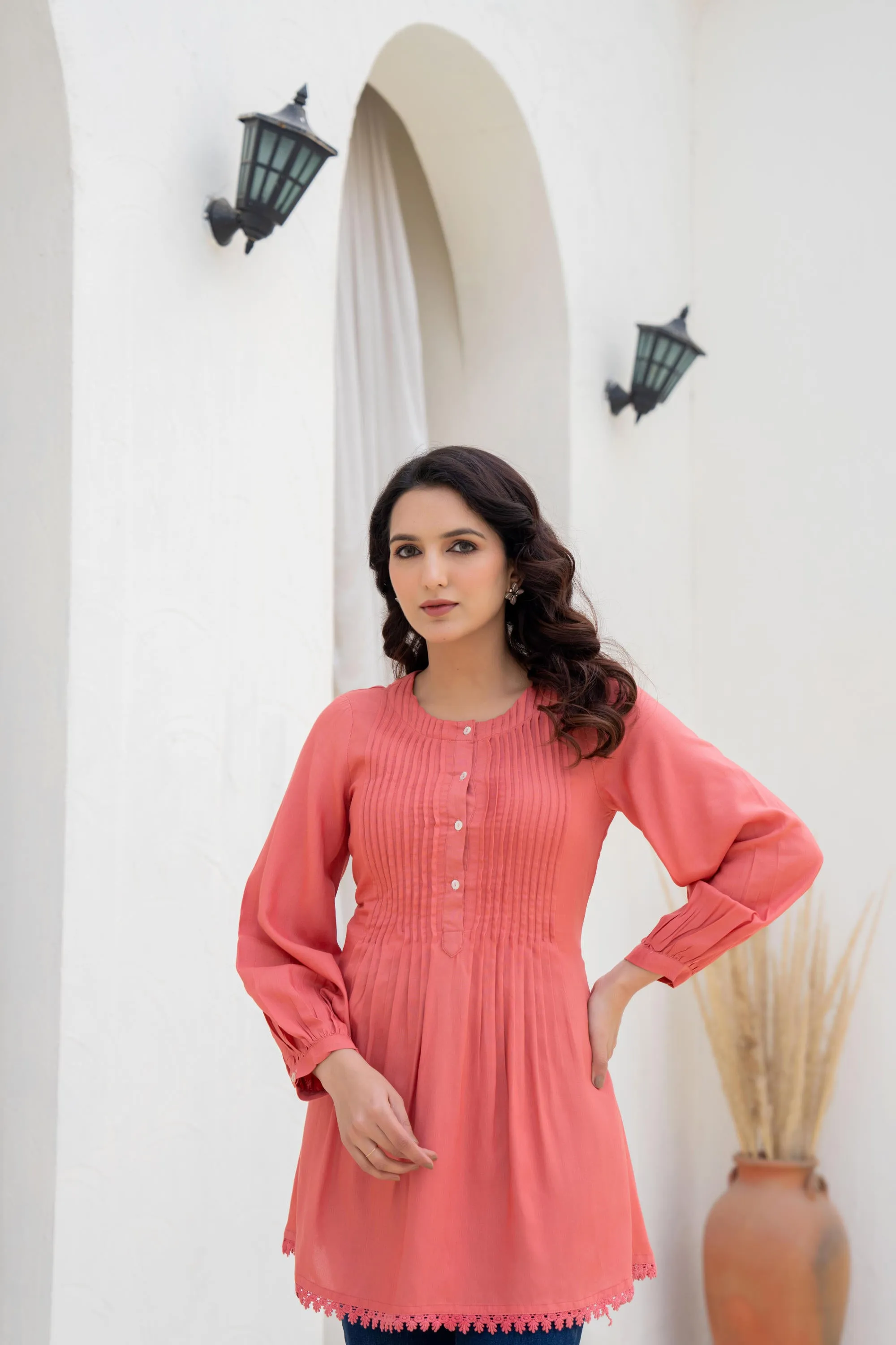 Coral Solid Viscose Tunic With Buttons & Lace