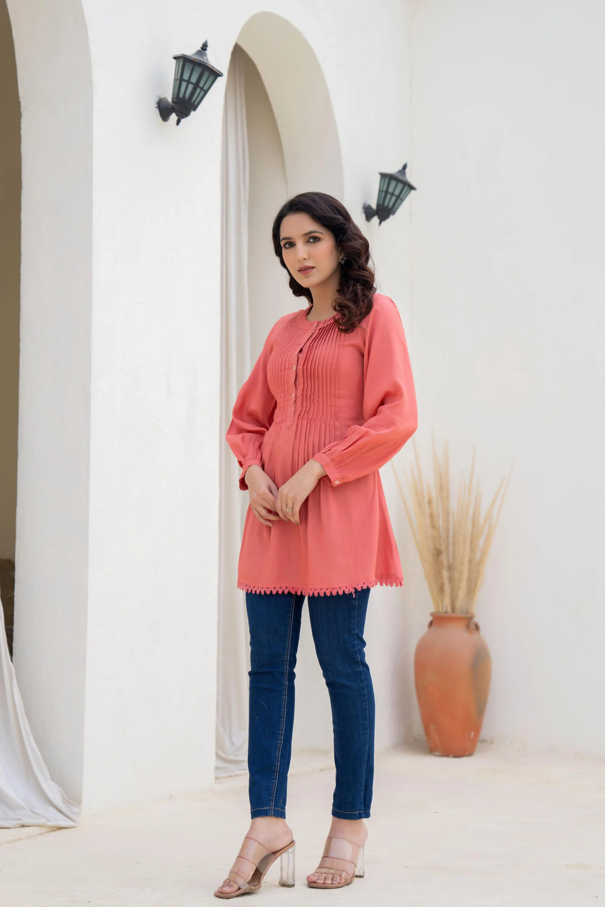 Coral Solid Viscose Tunic With Buttons & Lace
