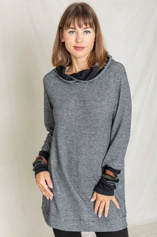 Cozy Plaid Trim Hooded Tunic