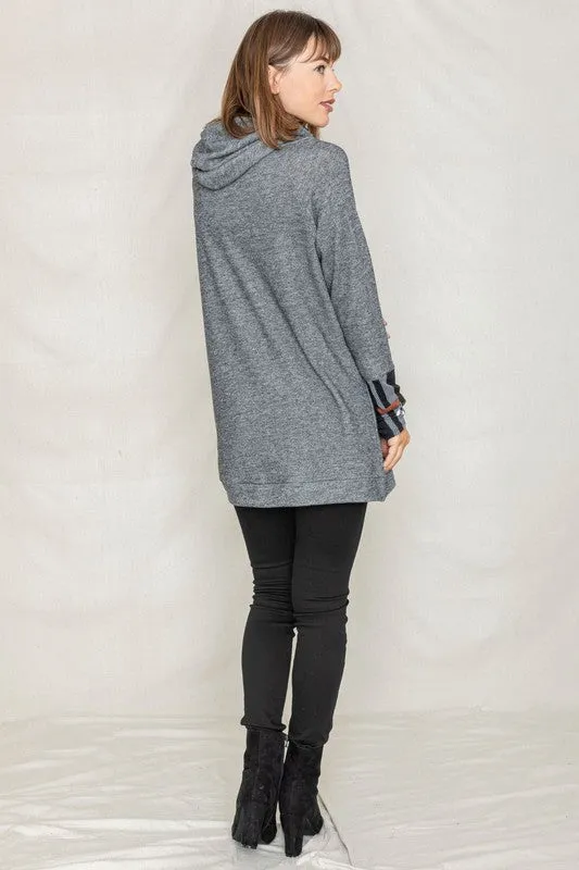 Cozy Plaid Trim Hooded Tunic