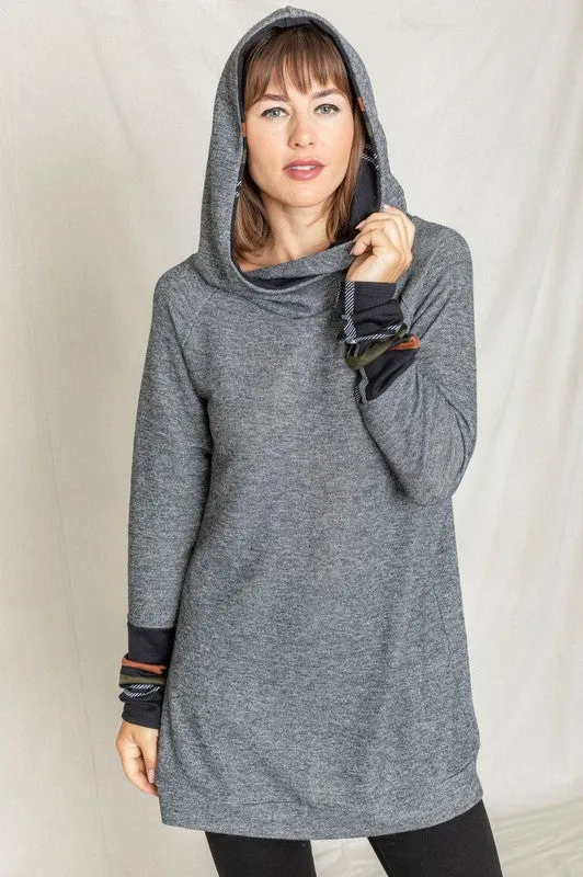 Cozy Plaid Trim Hooded Tunic