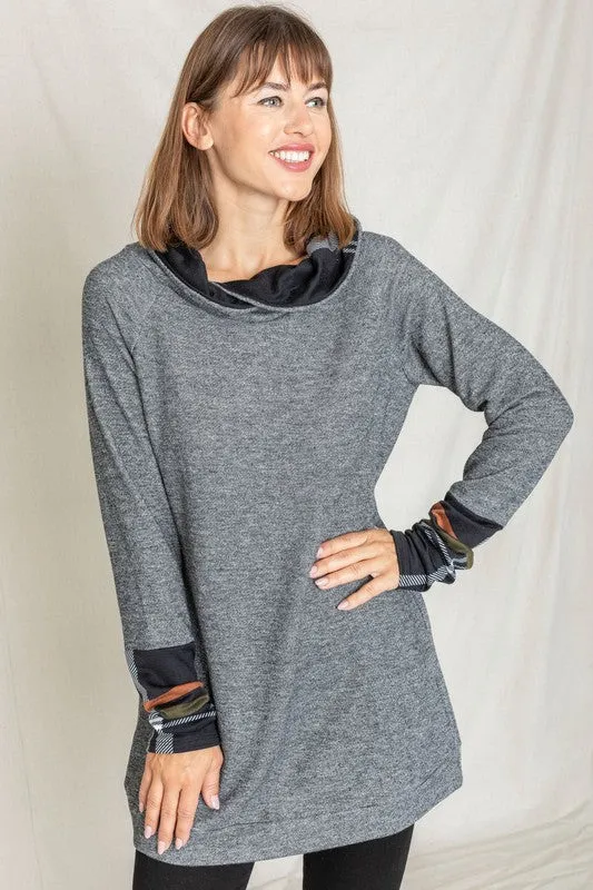 Cozy Plaid Trim Hooded Tunic