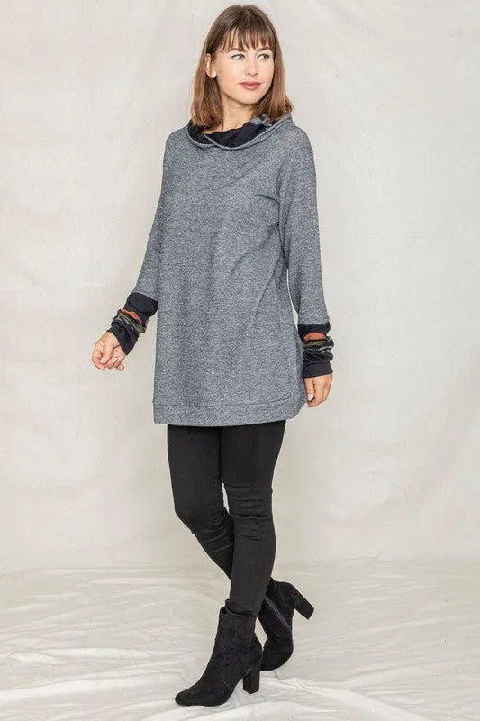Cozy Plaid Trim Hooded Tunic