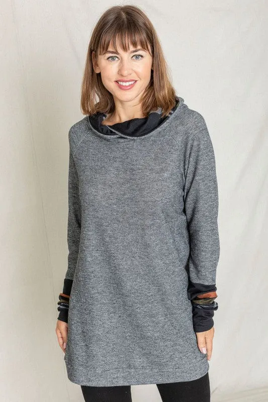 Cozy Plaid Trim Hooded Tunic
