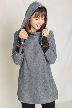 Cozy Plaid Trim Hooded Tunic