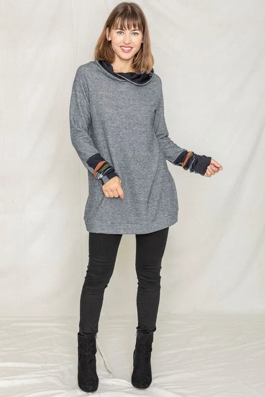 Cozy Plaid Trim Hooded Tunic
