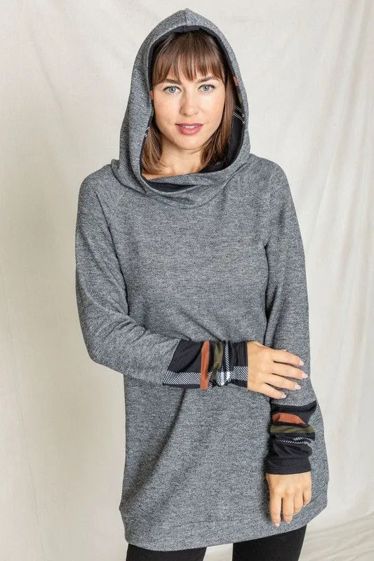 Cozy Plaid Trim Hooded Tunic