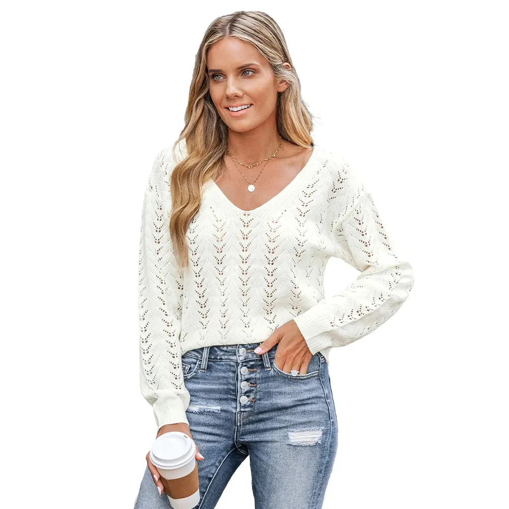 Crochet Cutout V-Neck Sweater