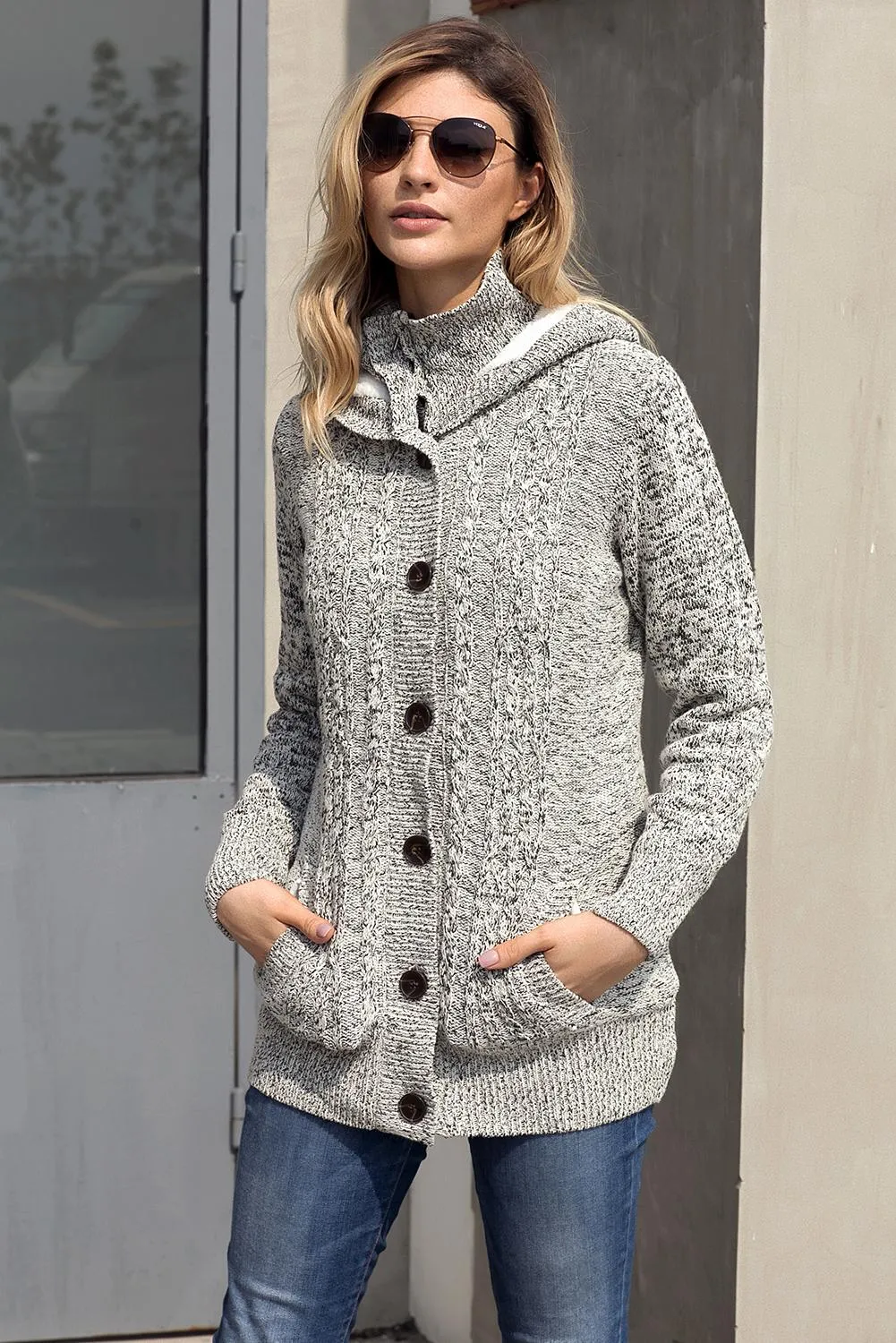 Dark Gray Long Sleeve Button-up Hooded Cardigans