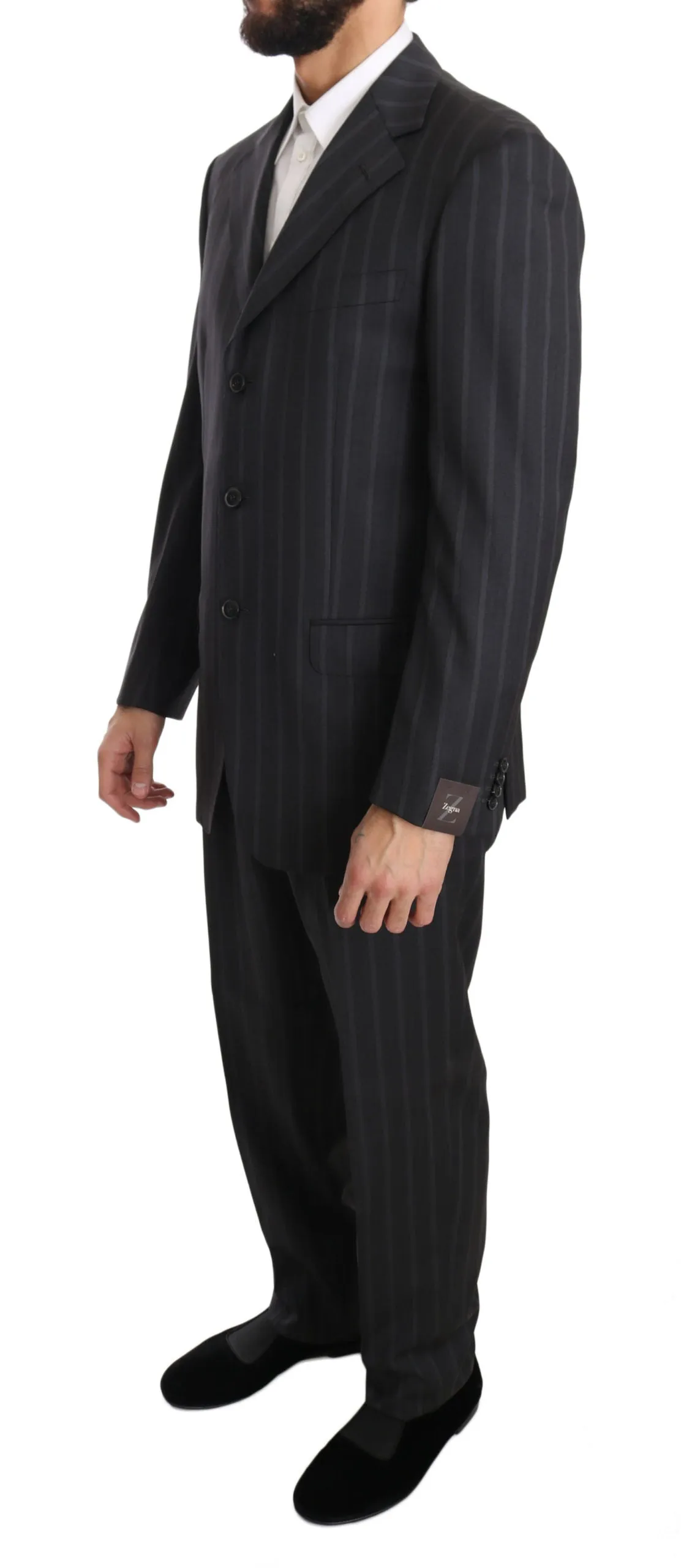 Dark Gray Two Piece 3 Button Wool Striped Suit