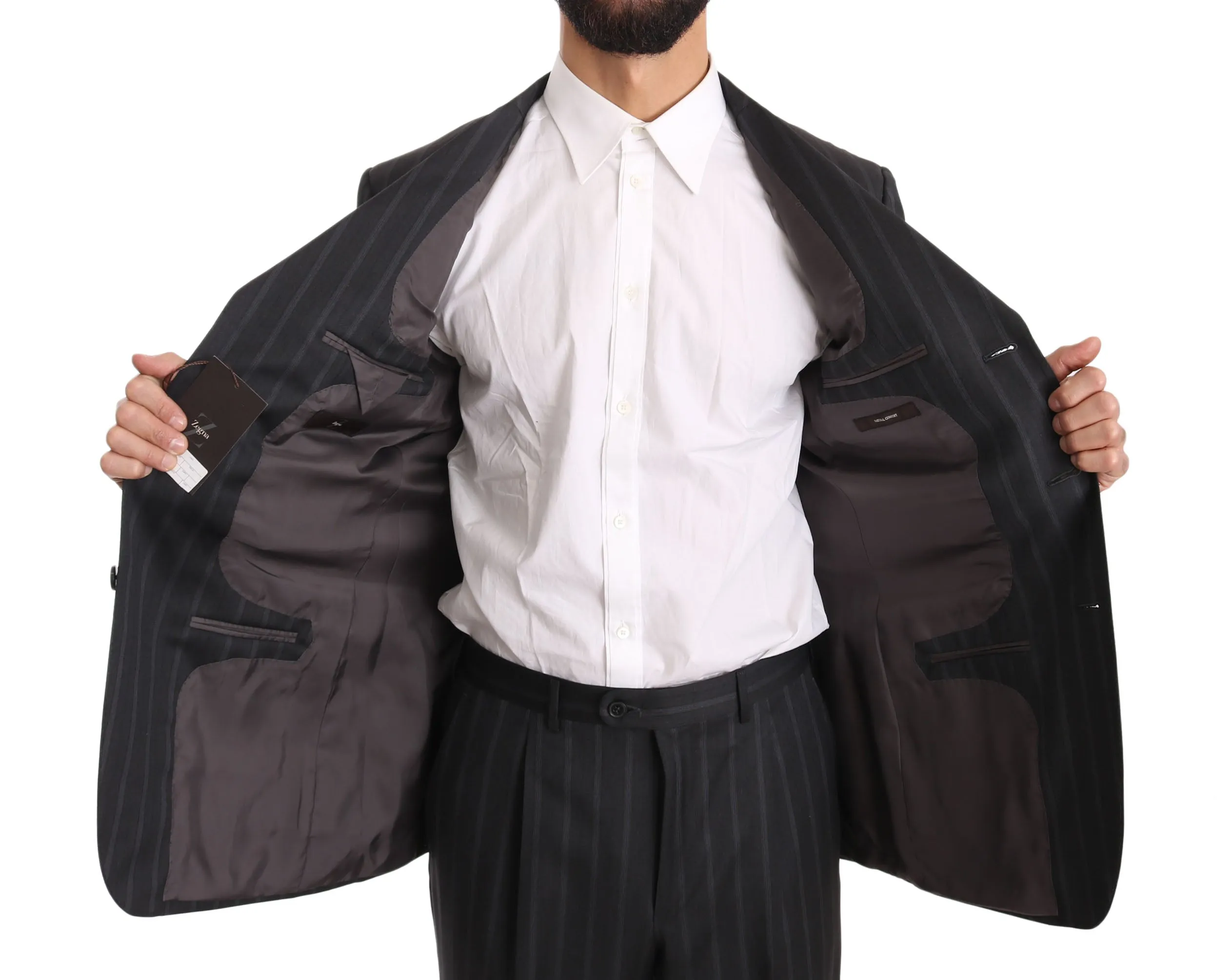 Dark Gray Two Piece 3 Button Wool Striped Suit