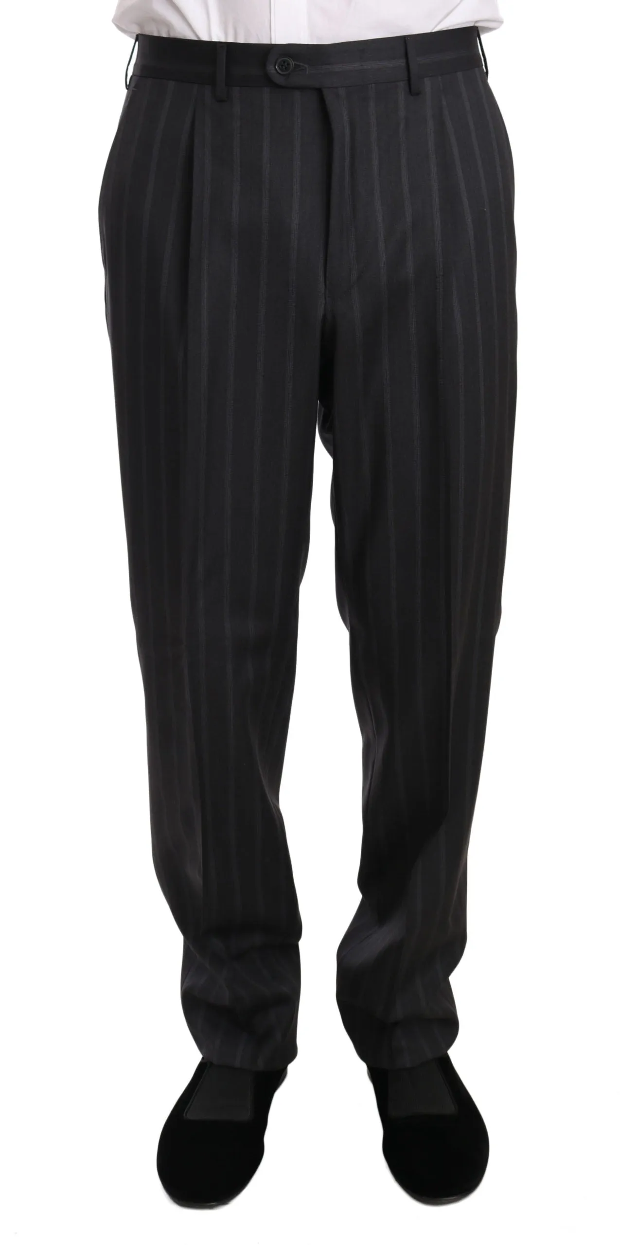 Dark Gray Two Piece 3 Button Wool Striped Suit