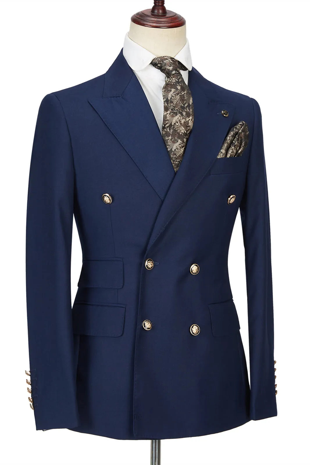 Dark Navy Peak Lapel Double Breasted Formal Men Suit for Prom