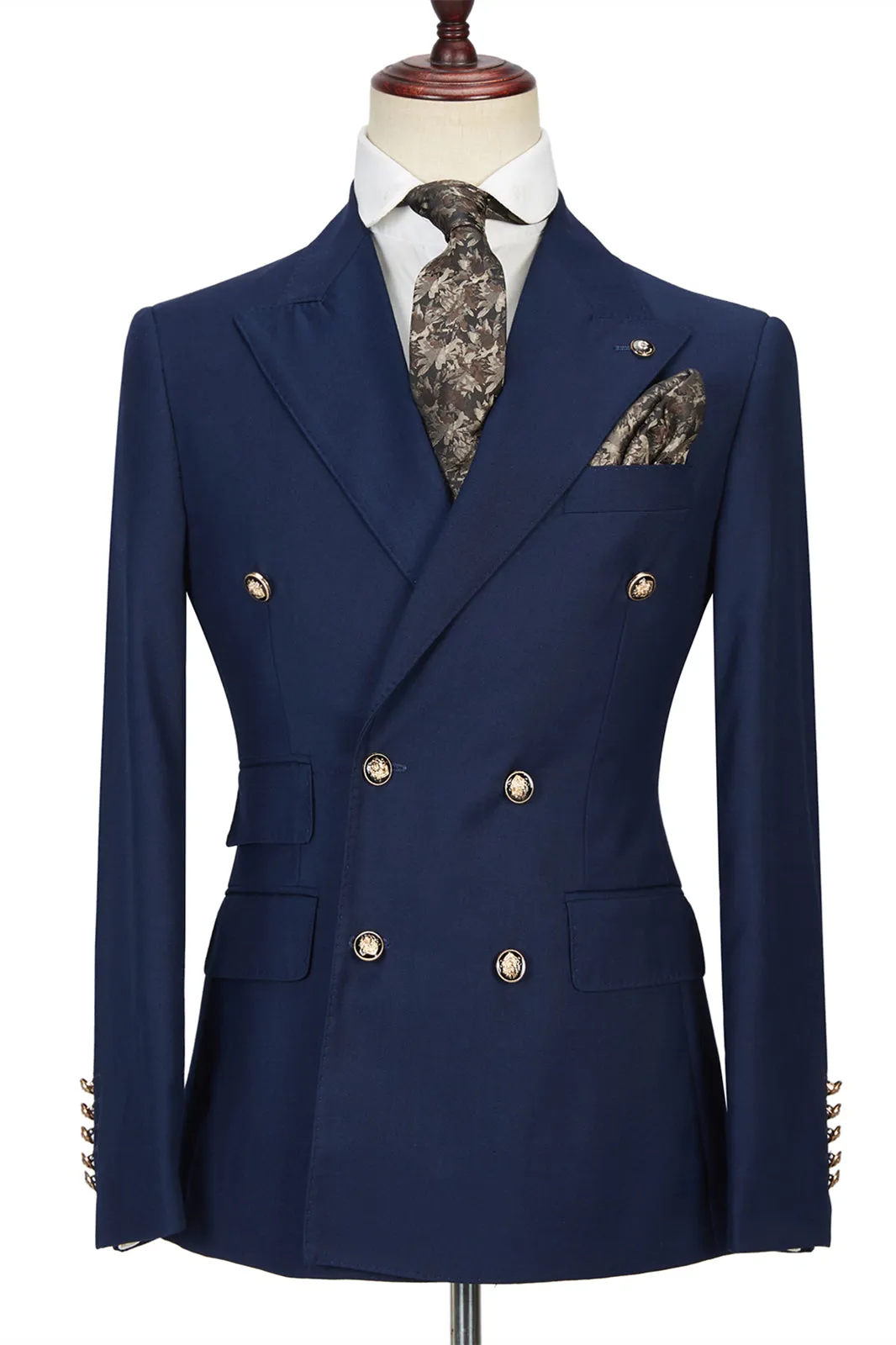 Dark Navy Peak Lapel Double Breasted Formal Men Suit for Prom