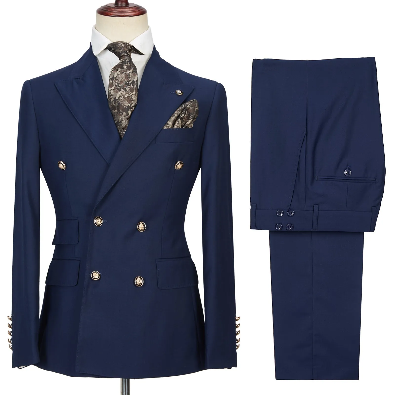 Dark Navy Peak Lapel Double Breasted Formal Men Suit for Prom