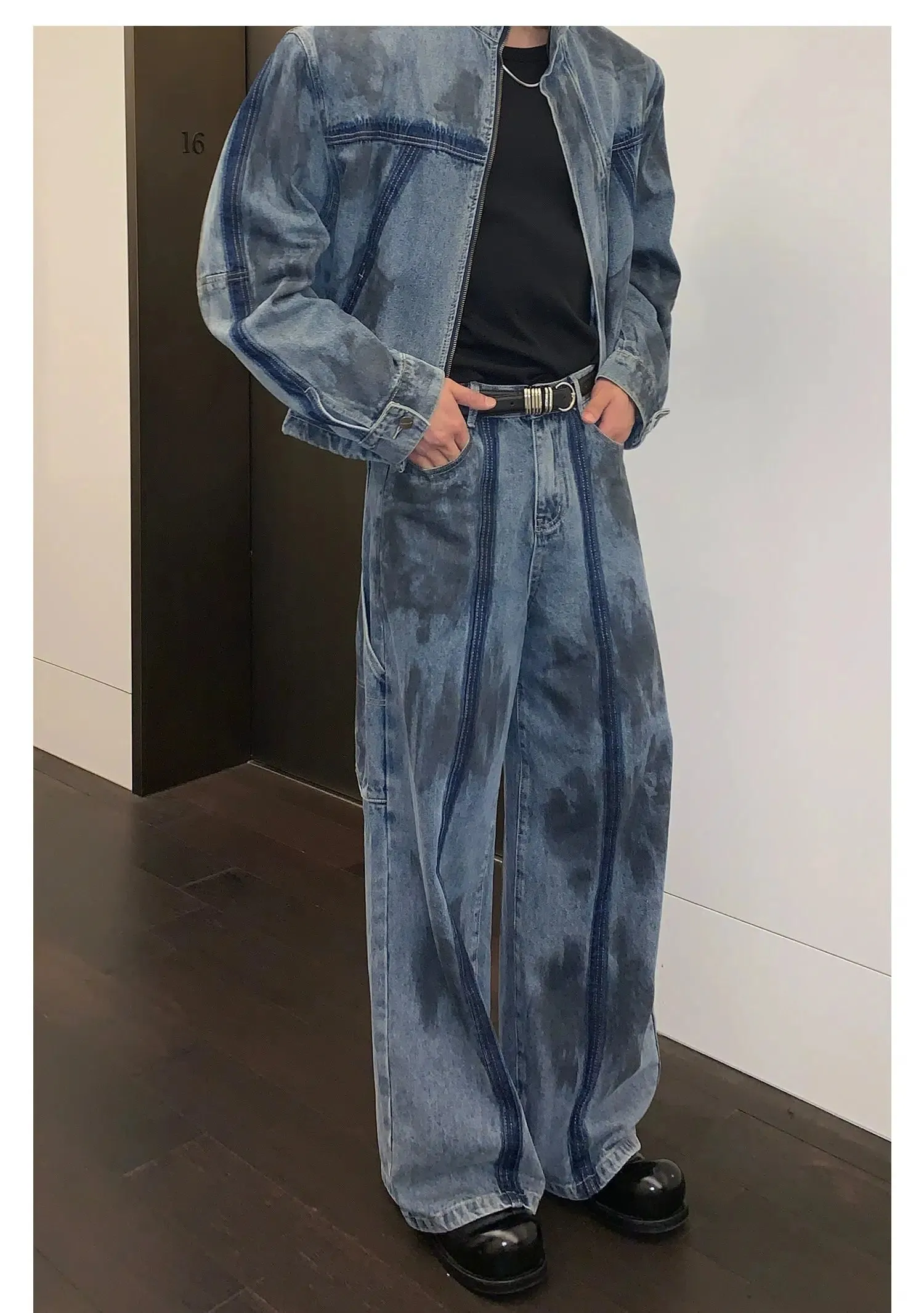 Deconstructed Distressed Denim Jacket Pants Suit