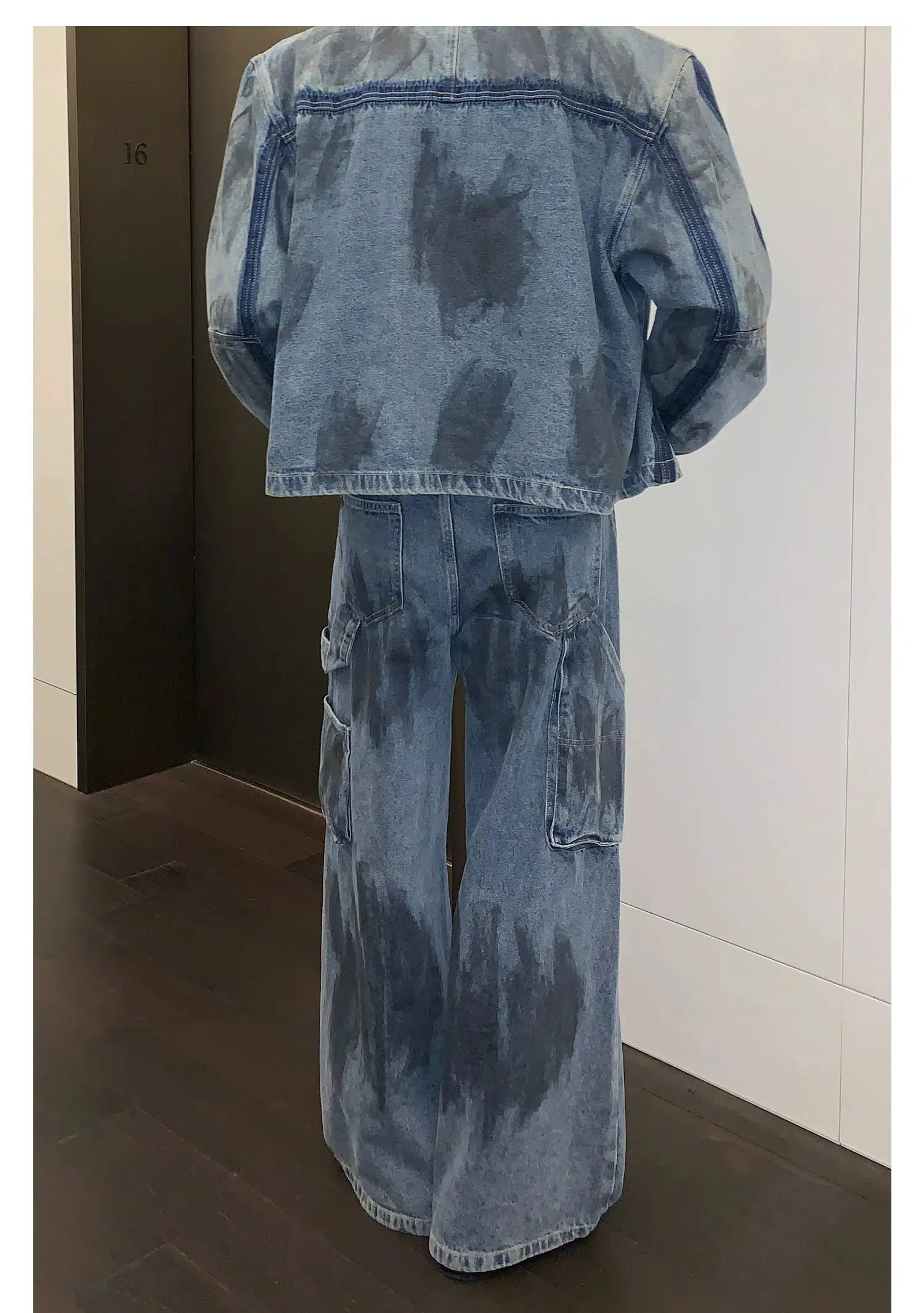 Deconstructed Distressed Denim Jacket Pants Suit
