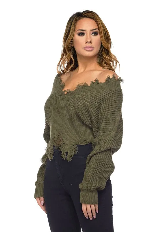 Destiny Distressed V-Neck Crop Sweater