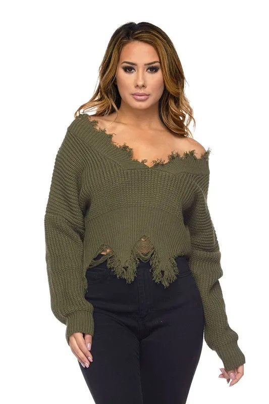 Destiny Distressed V-Neck Crop Sweater