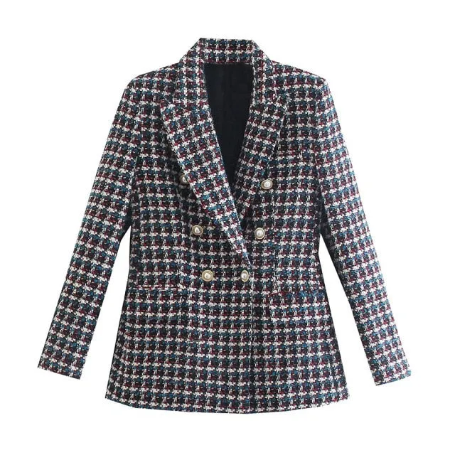Double Breasted Tweed Check Blazer Coat