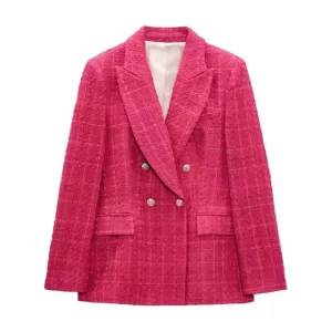 Double Breasted Tweed Check Blazer Coat