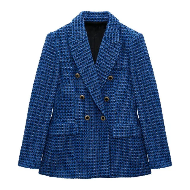 Double Breasted Tweed Check Blazer Coat