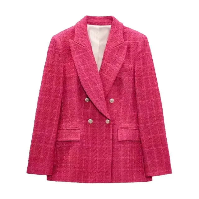 Double Breasted Tweed Check Blazer Coat