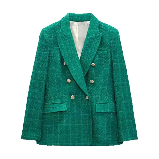 Double Breasted Tweed Check Blazer Coat