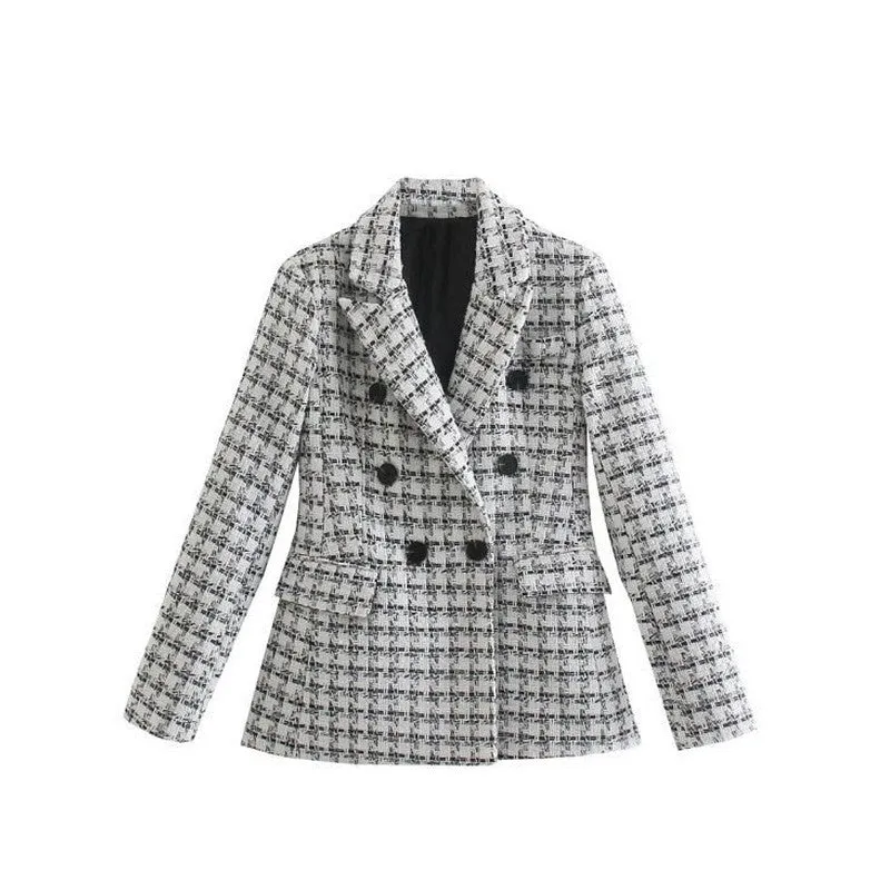 Double Breasted Tweed Check Blazer Coat