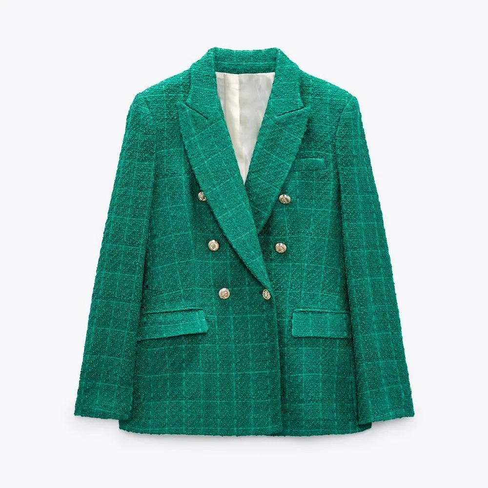 Double Breasted Tweed Check Blazer Coat