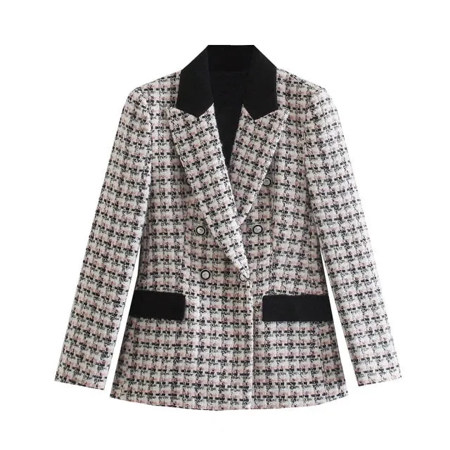 Double Breasted Tweed Check Blazer Coat