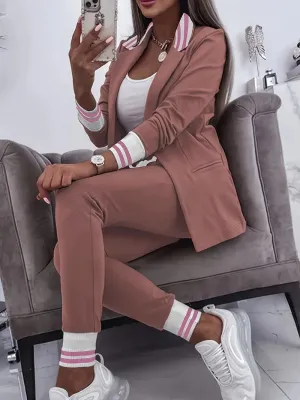 Elegantes Anzug-Set mit Kontrastbesatz, offene Vorderseite, lange Ärmel, Blazer mit Revers