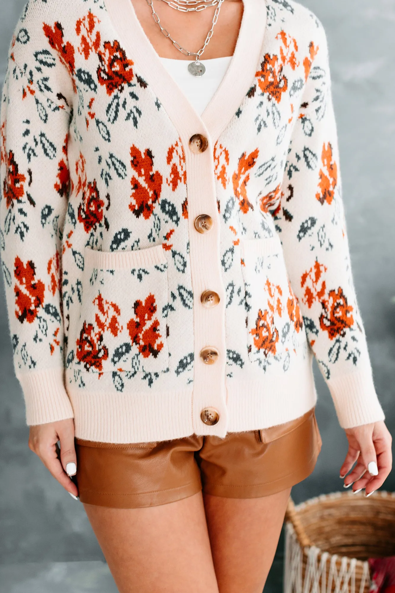 Elmira Floral Knit Button-Front Cardigan (Cream)